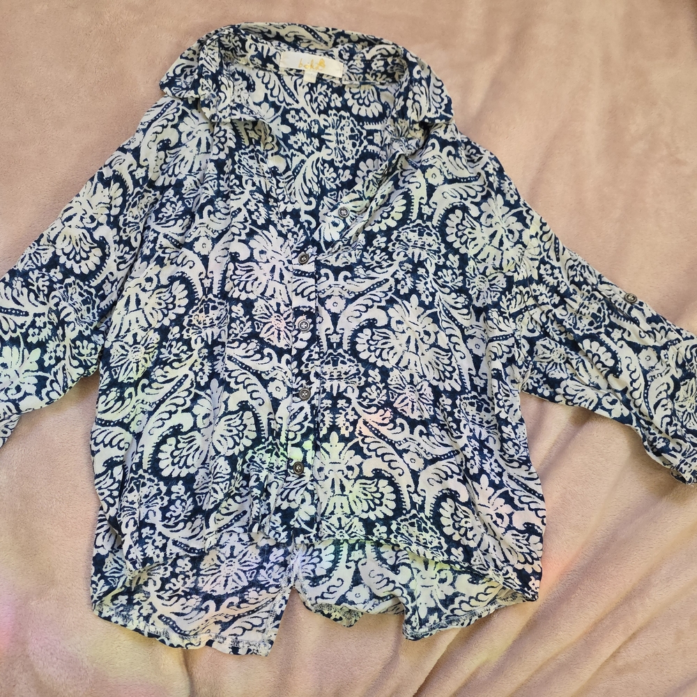bobi Navy and White Printed Button-Up Blouse